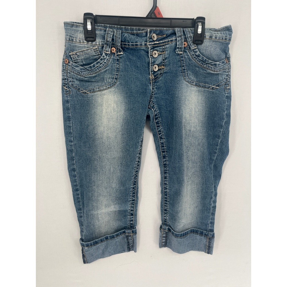 Angels Denim Capri Jeans Womens 11 Medium Wash Button Fly Cuffed Cropped Blue